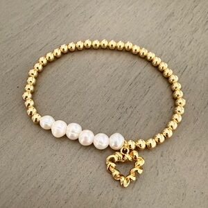 Gold and White Beaded Bracelet with Heart Charm